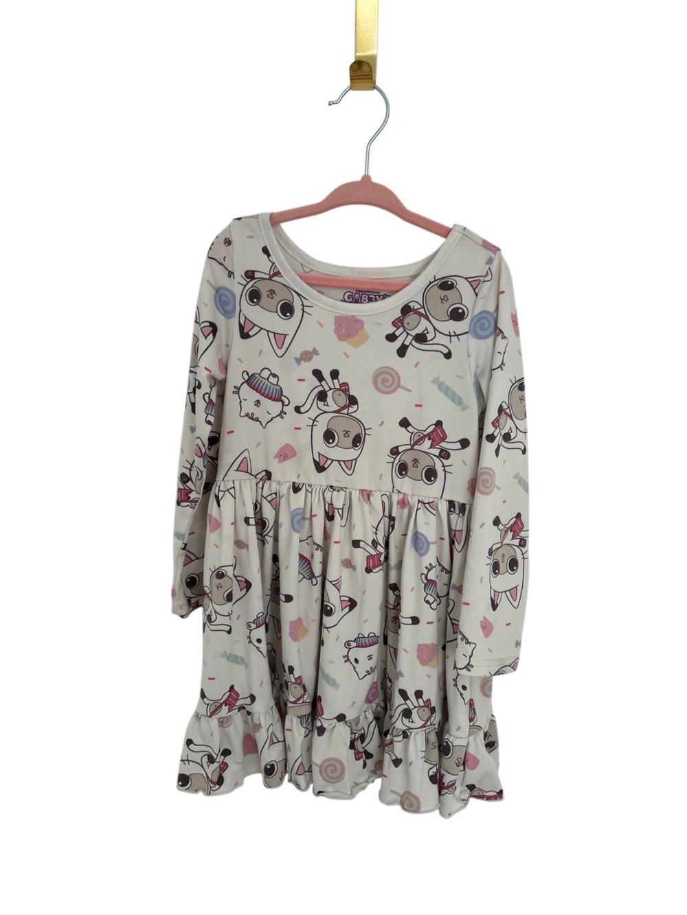 Gabby's Dollhouse Pandy Paws Long Sleeve Ruffle Dress Size 4T Pink White